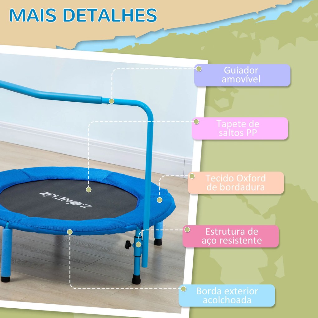 ZONEKIZ Trampolim Infantil 3 em 1 Trampolim para Crianças de 1-6 Anos com Corrimão Amovível Mini Trampolim para Interior Ø96x74cm Azul