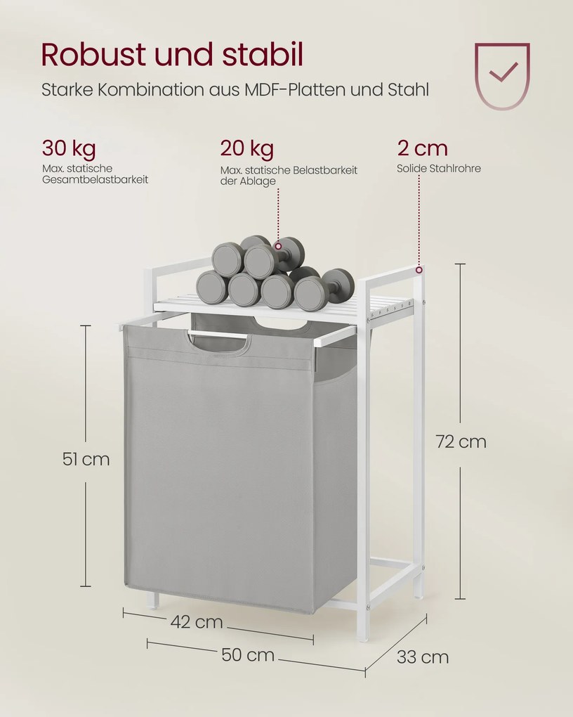 Cesto para roupa suja 65 L,  50,1 x 33,1 x 72,1 cm com prateleira em tecido Oxford cinzento