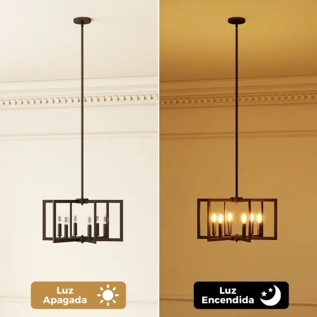 Candeeiro Teto rústico de 6 luzes com design geométrico, altura ajustável e metal industrial para sala de jantar e ilha de cozinha, preto