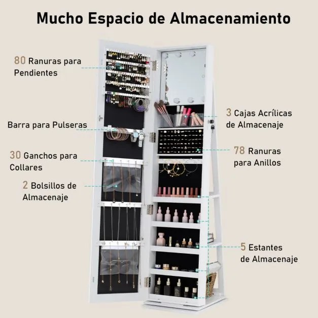 Armário giratório de 360° para joias com espelho de corpo inteiro 43 x 38 x 160 cm e prateleiras Espelho de maquilhagem Branco