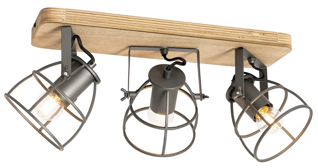 Candeeiro de teto industrial cinzento escuro com madeira ajustável 3-luzes - Arthur Industrial