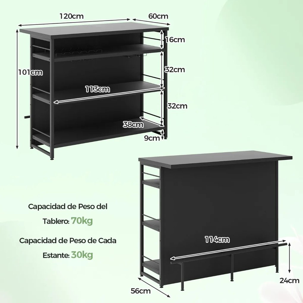 Mesa de bar alta de cozinha 4 níveis com 3 Estantes Prateleiras para vinhos Ilha de cozinha 120 x 60 x 101 cm Preto