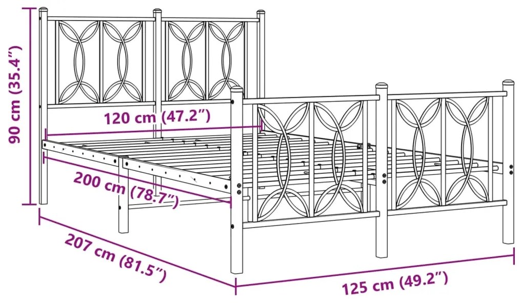 Estrutura de cama com cabeceira e pés 120x200 cm metal branco
