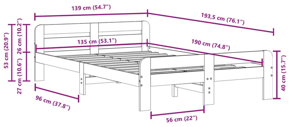 Cama sem colchão 135x190 cm madeira de pinho maciça branco