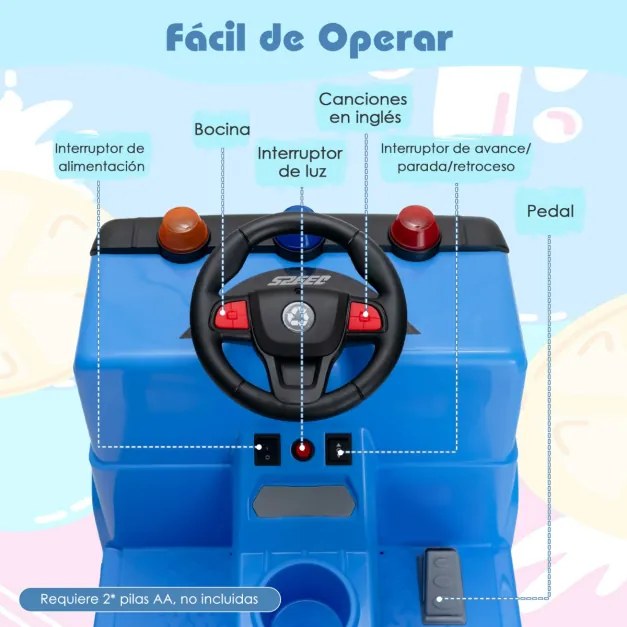 Carrinho de reciclagem de lixo elétrico 12V para crianças de 3 a 8 anos com luzes musicais com controle remoto 85 x 51 x 58 cm Azul