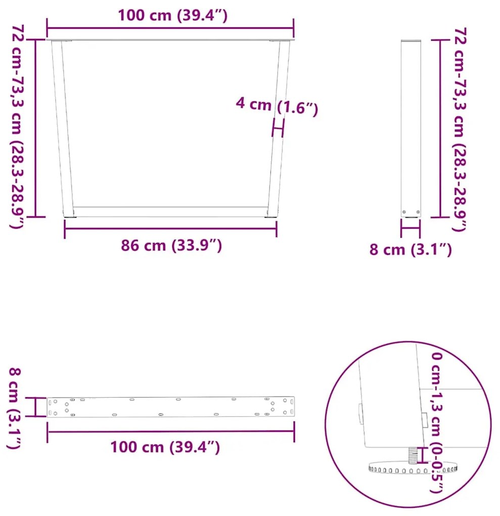 Pernas para mesa de jantar em V 3 peças, pretas, 100x(72-73,3) cm, aço