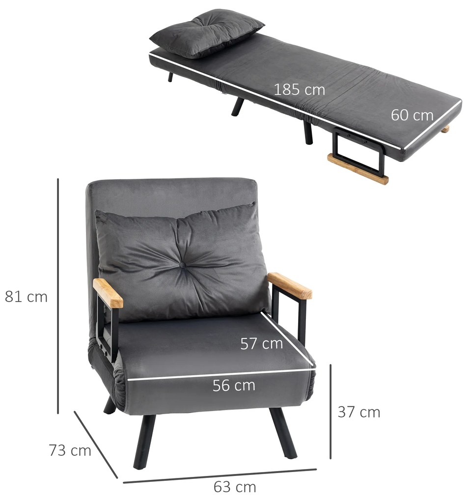 Poltrona Convertível em Cama Poltrona 3 em 1 Convertível em Cama com Encosto Ajustável em 5 Níveis 63x73x81 cm Cinza