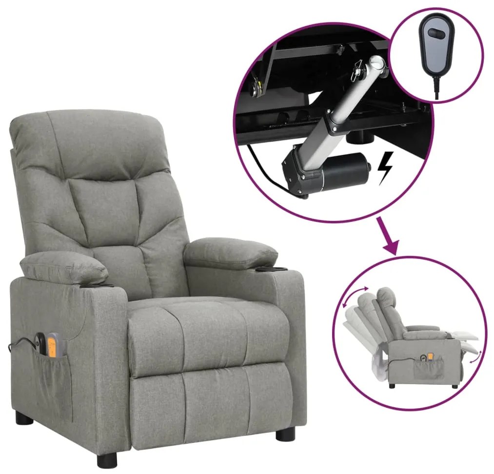 vidaXL Poltrona de massagens elétrica tecido cinzento-claro