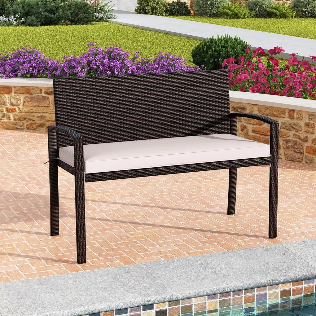 Banco jardim de vime para 2 pessoas 10 x 56 x 84 cm com almofada acolchoada, assento macio, encosto e apoios para os braços - castanho e brancoi