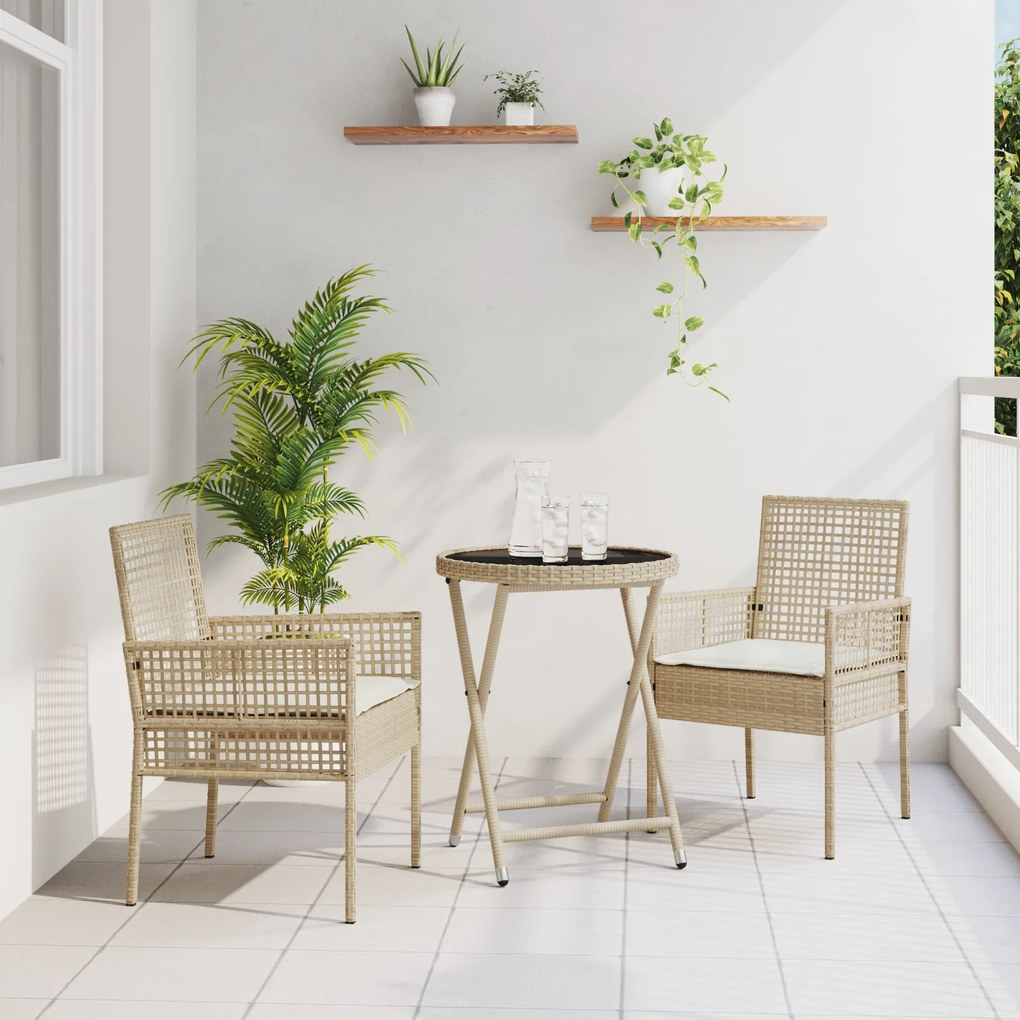 Conjunto de Bistro de Jardim 3 Peças com Almofadas Bege em Rattan Poliéster