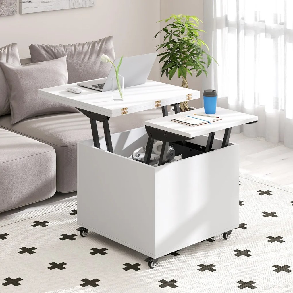 Mesa de Centro Elevável e Dobrável, 60 x 60 x 50 cm, Arrumação Oculta, Branco