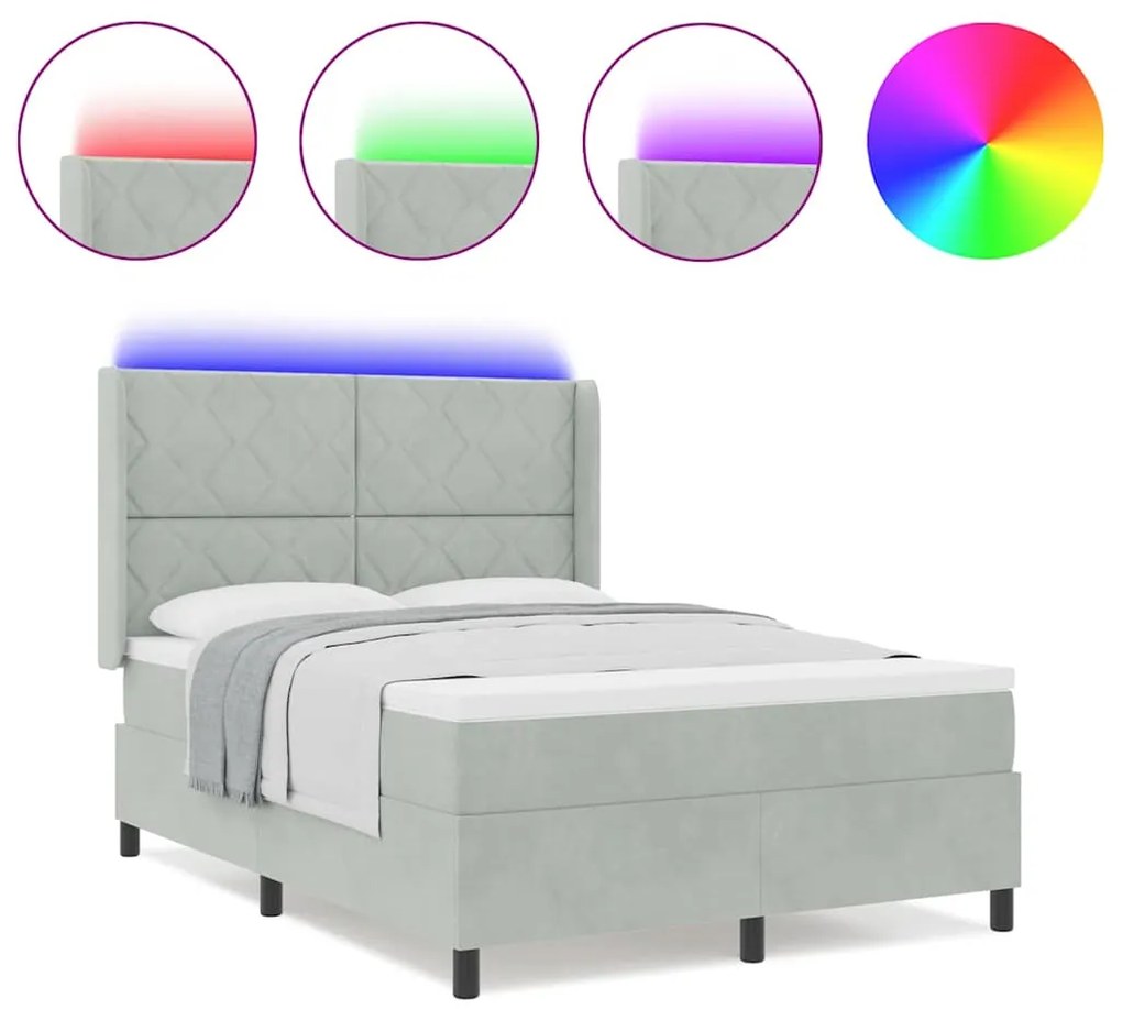 Cama Box com Colchão e Luz LED Cinza Claro 140x200 cm Veludo