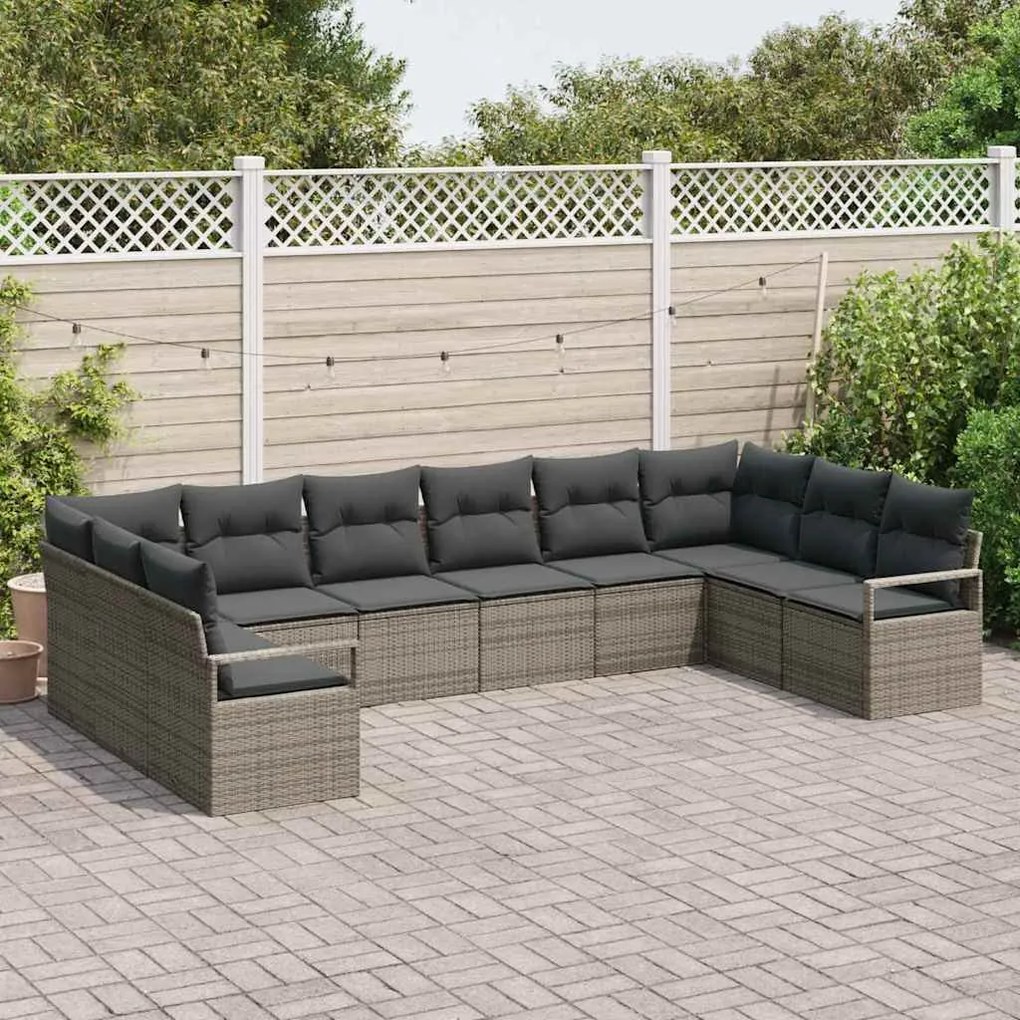 Conjunto de Sofás de Jardim de 10 Peças com Almofadas Cinzas em Rattan