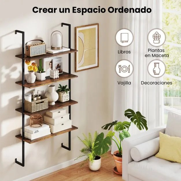 Estante flutuante de parede 76 x 30 x 163 cm com 4 níveis, estrutura metálica e escada de madeira, estilo industrial moderno, cor café