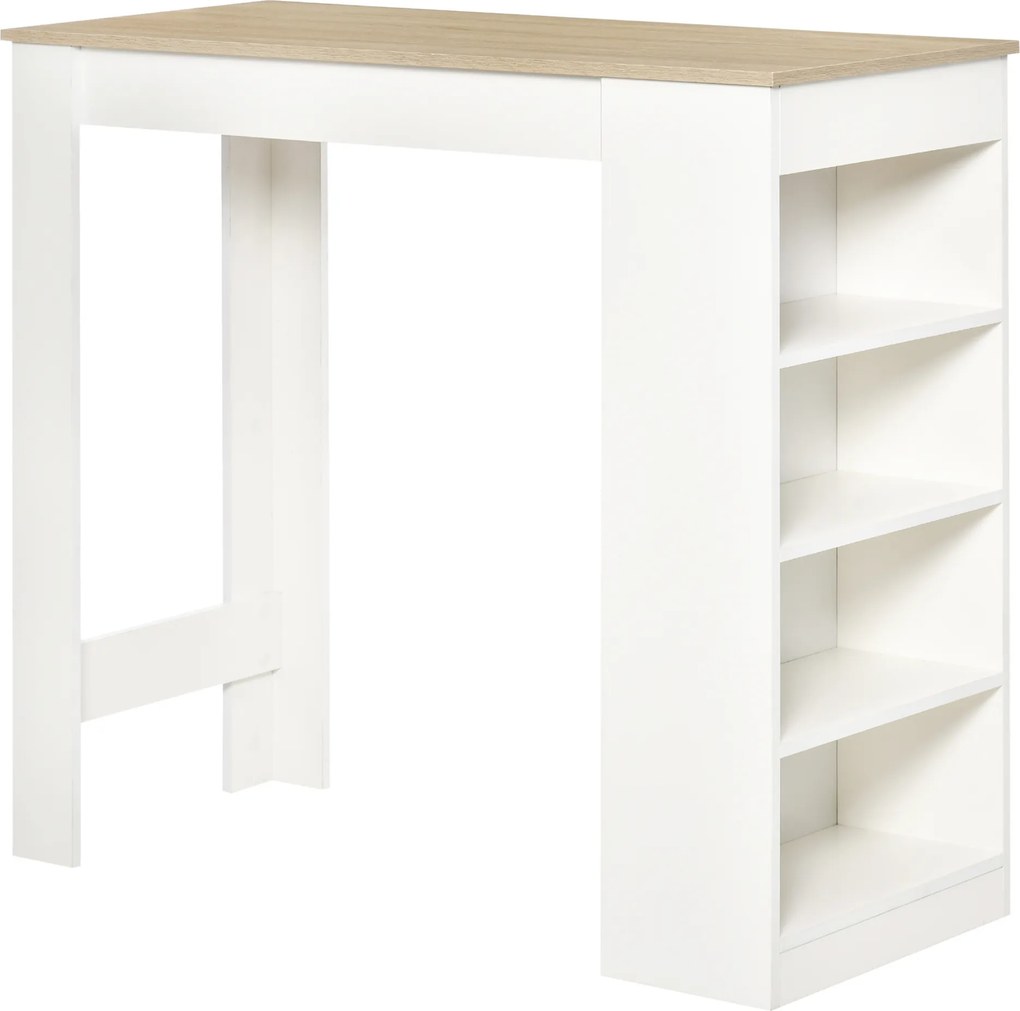 Mesa de bar para 2 pessoas, mesa alta para refeições em pé com 4 prateleiras abertas, 115 x 50 x 102,7 cm, branca e em madeira natural