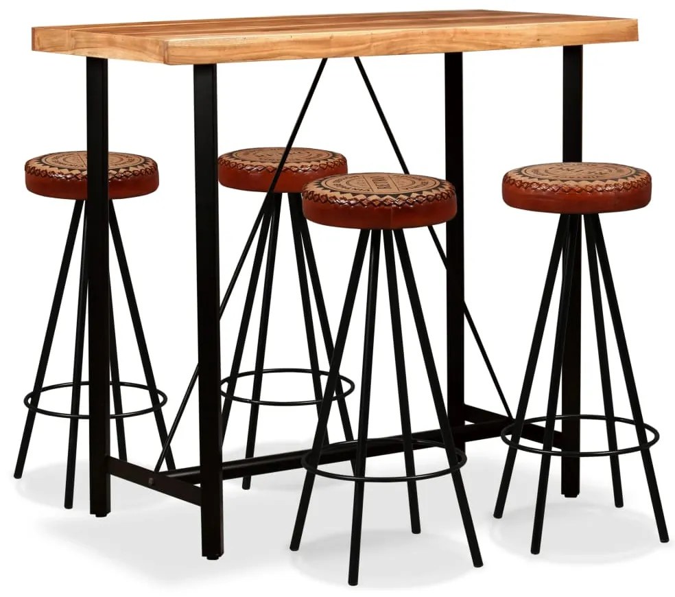 vidaXL Conjunto de bar 5 pcs em madeira acácia, couro genuíno e lona
