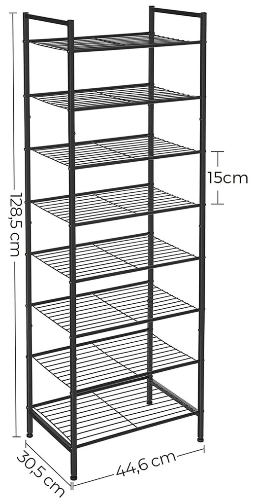 Sapateira com 8 níveis 44,6 x 30,5 x 128,5 cm Preto