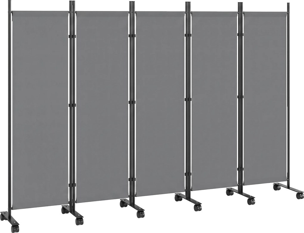 Outsunny Divisor de Ambiente 5 peças 252 x 40 cm Biombo Autoportante com 12 Rodas Dobrável Divisória DIY Cinza escuro | Aosom Portugal
