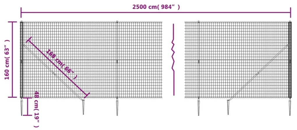 Cerca de malha de arame c/ estacas de fixação 1,6x25m antracite