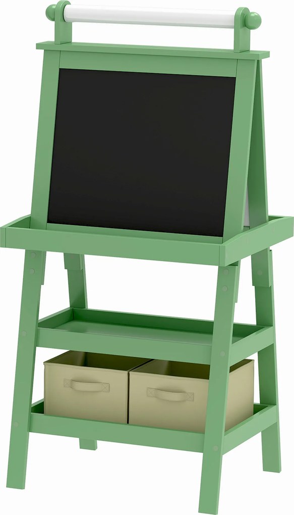 AIYAPLAY Cavalete de Pintura Infantil 3 em 1 Quadro Dupla Face com Rolo de Papel e Cestos de Arrumação Verde | Aosom Portugal