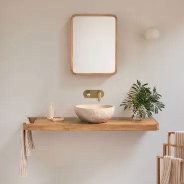 Conjunto De Móvel De Casa De Banho 130x45 Cm Suspenso Em Madeira De Teca Neill Madeira De Teca & Irregular Em Cimento Bege ↔︎40 Cm Fedro & Ouro Escova
