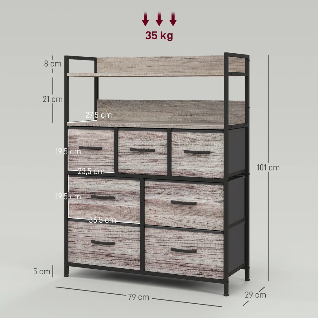 Cómoda com 7 gavetas em tecido, dobráveis e removíveis 79 x 29 x 101 cm, e prateleiras abertas, cinzenta