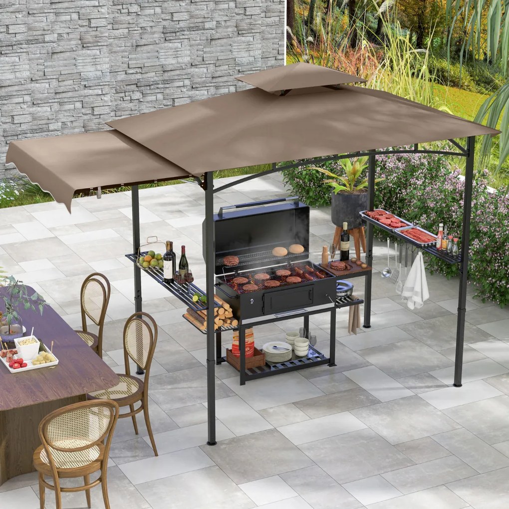 Tenda para Churrasco (Não Incluido) com grelha de 318 x 153 cm Toldo lateral Parte superior de 2 níveis 2 prateleiras laterais Estrutura em metal Cast