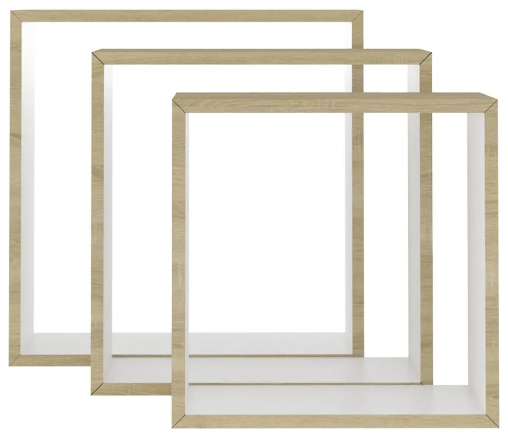 Prateleiras parede forma de cubo 3pcs cm branco/carvalho sonoma