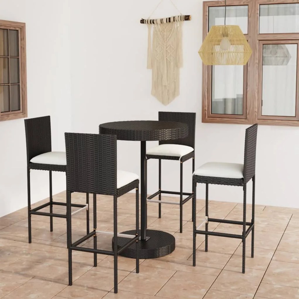 vidaXL 5 pcs conjunto de bar p/ jardim c/ almofadões vime PE preto