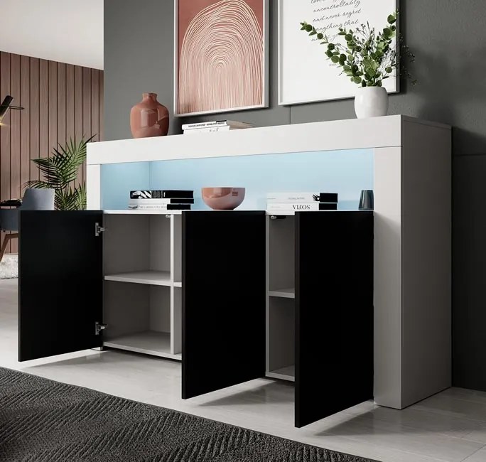 Aparador com Luz LED BELO - 155x91,5x37 cm - Branco/Preto Mate - Desig