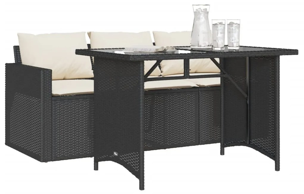 2 pcs conjunto de jantar p/ jardim c/ almofadões vime PE preto