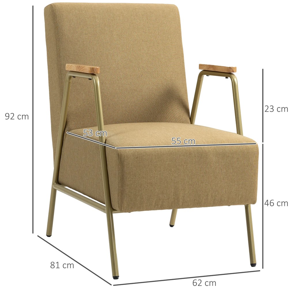 Poltrona Individual com Apoios de Braços Estrutura em Aço Dourado Estilo Moderno para Sala Quarto 62x81x92 cm Castanho