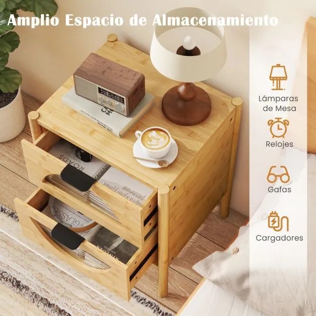 Mesa de cabeceira moderna 45 x 40 x 56 cm em bambu com 2 gavetas e frentes em vidro temperado estriado para sala de estar ou quarto Natural