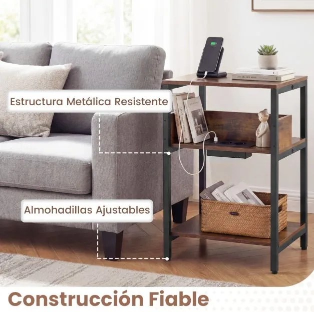Mesa apoio de 3 níveis 40 x 30 x 61 cm com estação de carregamento USB e tomadas estilo industrial para sala e quarto Castanho Rústico e Preto