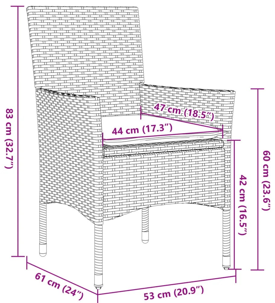 3 pcs conjunto de bistrô com almofadões vime PE/vidro castanho