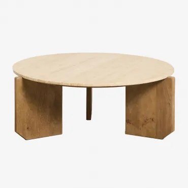 Mesa De Centro Redonda Lavinia Ø90 Cm Em Travertino E Madeira De Manga Travertine - Sklum