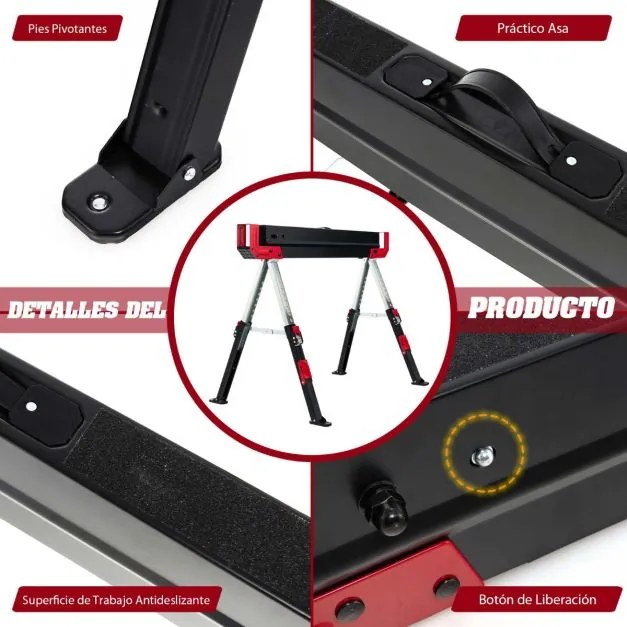 2 cavaletes dobráveis de aço com 2 x 4 braços de suporte Altura ajustável 61,5-82,7 cm Cavaletes portáteis para serras até 1180 kg Preto + vermelho