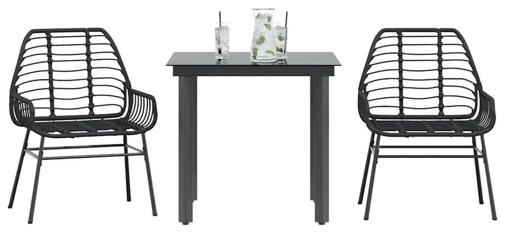 3 pcs conjunto de jantar para jardim vime PE vidro preto