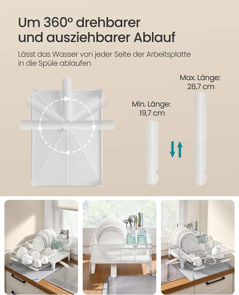 Escorredor de pratos (31-56) x 42 x 20 cm com tapete de silicone e ralo, branco mate-cinza