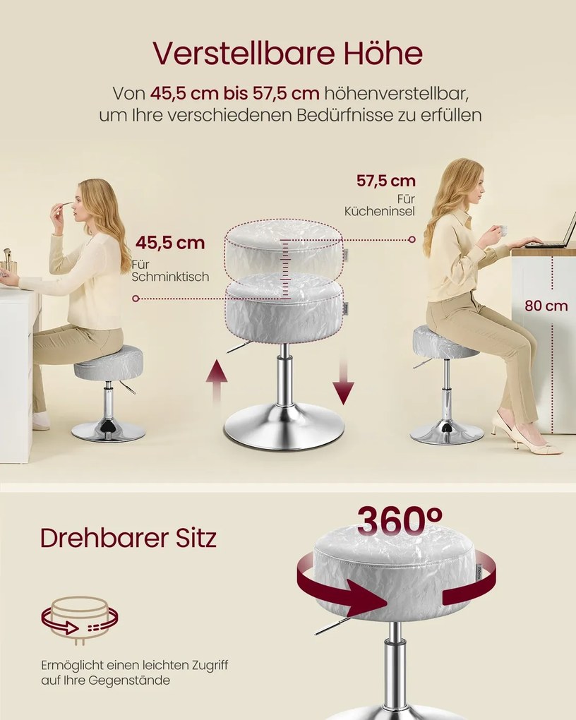 Banco de toucador ajustável em altura e giratório a 360°, cinza
