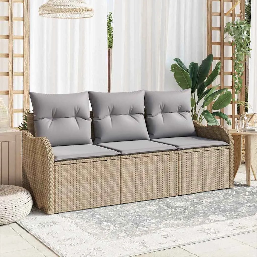 Conjunto de Sofá de Jardim 3 peças com Almofadas Bege Poly Rattan
