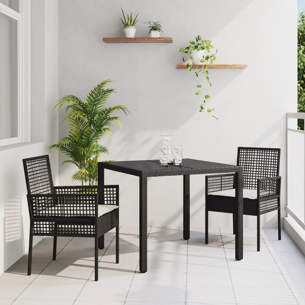 Conjunto de Jantar de Jardim de 3 Peças com Almofadas Preto em Rattan Sintético