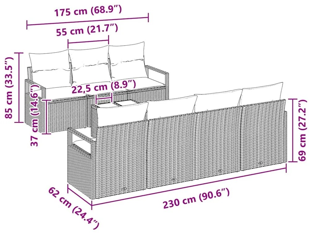 Conjunto de Sofá de Jardim de 8 Peças com Almofadas Cinzentas - Vime e