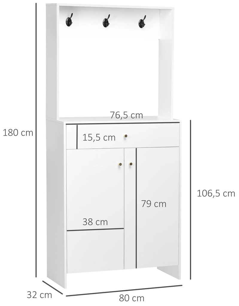 Móvel Cabide de Entrada com 3 Ganchos 2 Portas e Prateleiras Ajustáveis para 12 Pares de Sapatos 80x32x180 cm Branca