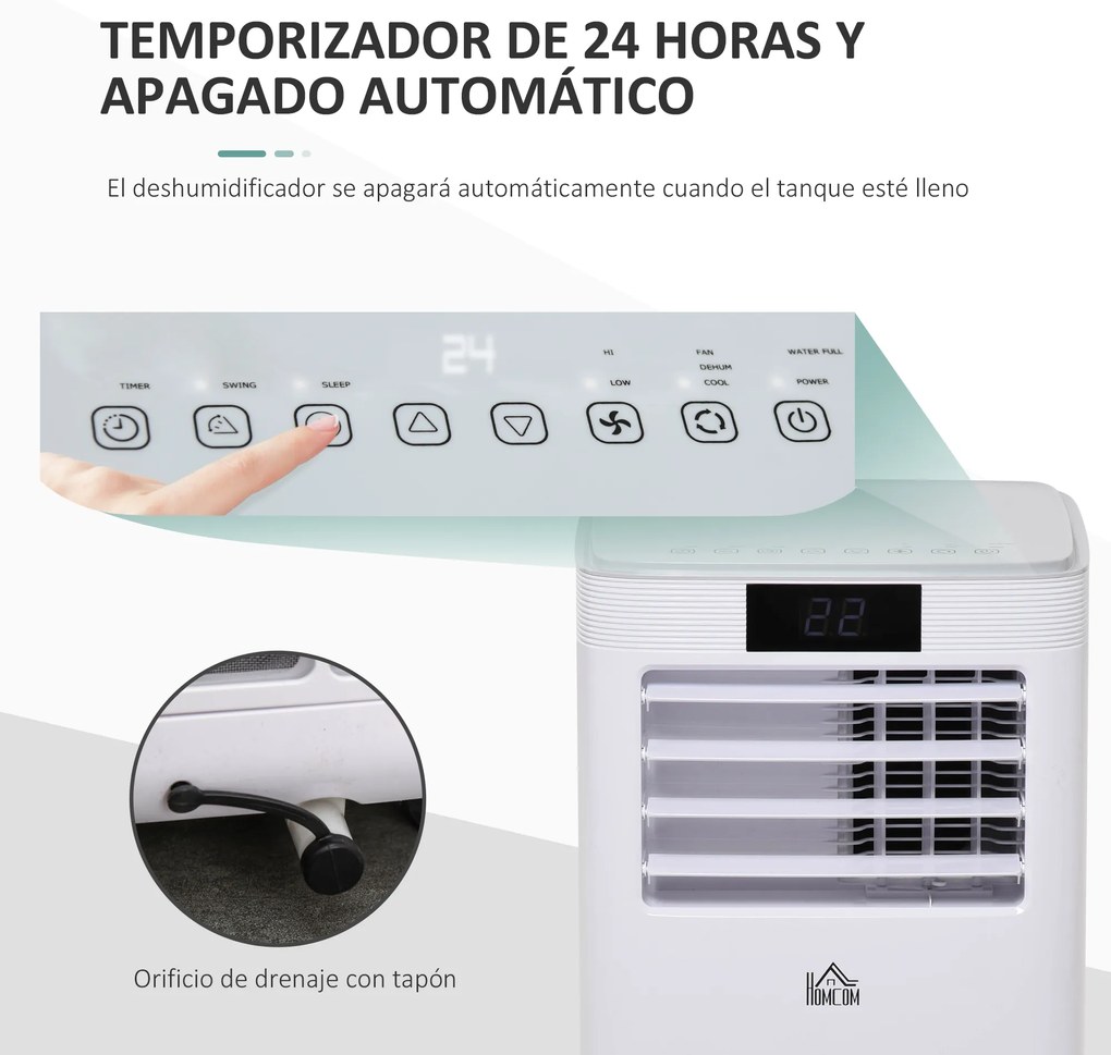 HOMCOM Ar Condicionador Portátil 4 em 1 Ventoinha Refrigerador e Desumidificador 2 Velocidades com Ecrã LED Controlo Remoto Silencioso 900W 38x35x70,5 cm Branco