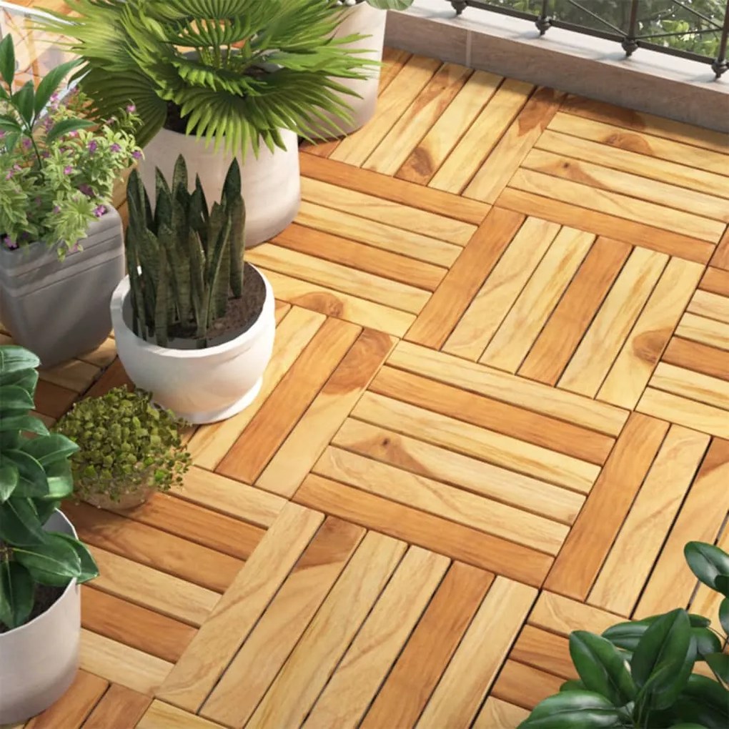 319981 vidaXL Ladrilhos de terraço 10 pcs 30x30cm teca maciça padrão vertical