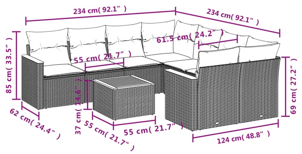 9 pcs conjunto sofás p/ jardim com almofadões vime PE cinzento