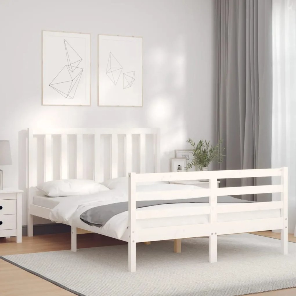 Estrutura de cama de casal com cabeceira madeira maciça branco