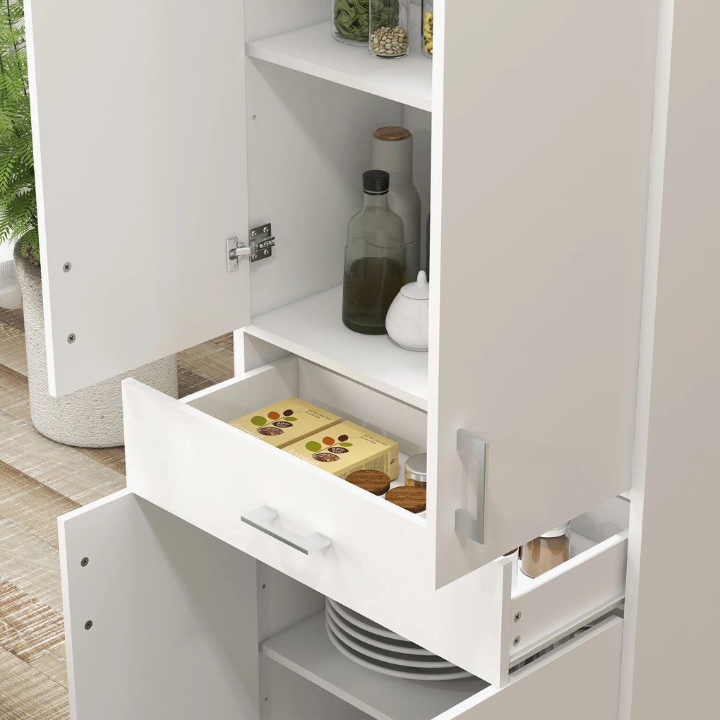 HOMCOM Armário de Cozinha Móvel de Cozinha com 4 Portas 1 Gaveta e Prateleiras Ajustáveis Anti-Tombo Armário de Cozinha Moderno para Sala de Jantar Sala de Estar 70,8x34x180 cm Branco