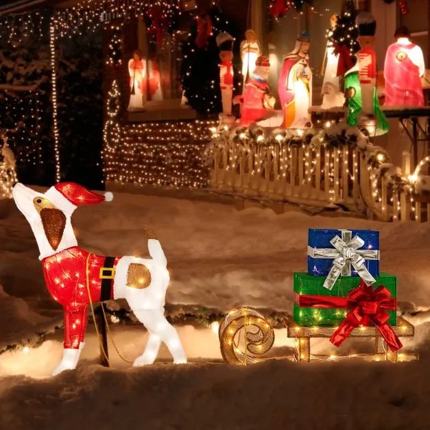 Decoração de Natal iluminadas Cão de trenó e caixa de presente de Natal Combo com 170 luzes LED Multicolorido